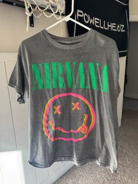 NIRVANA Gray Tee with White Logo and Neon Green Print